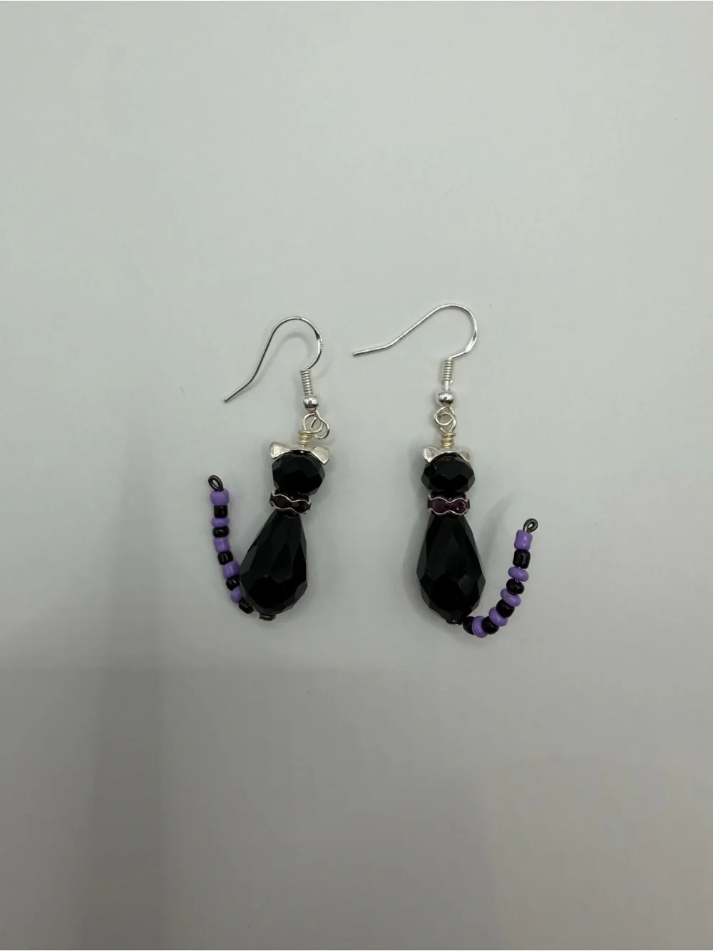 Handmade Black Cat Dangle Earrings | Beaded Halloween Cat Earrings